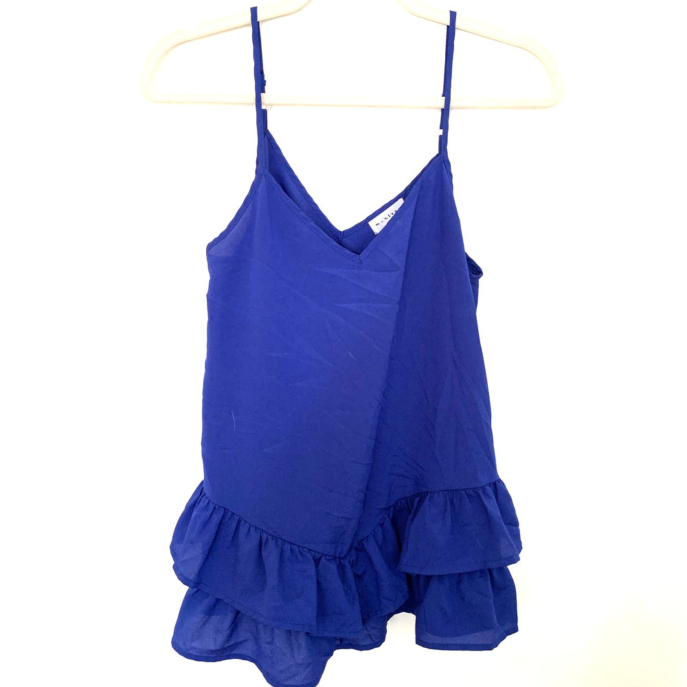 Monteau Blue V-Neck Ruffle Hem Sleeveless Tank Top M